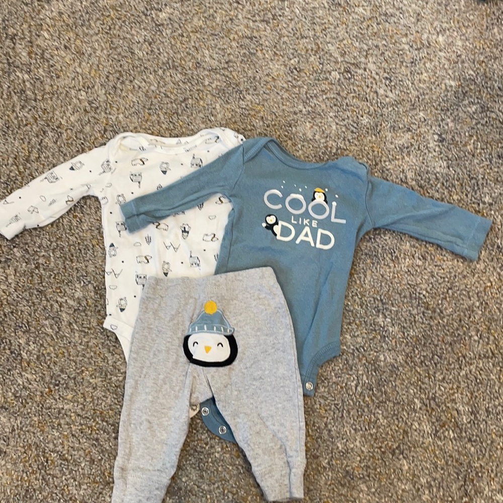 (2) long sleeve onesies and (1) pair of pants 3m